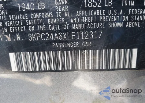 2020 Hyundai Accent Se z USA, uszkodzony, nr VIN 3KPC24A6XLE112317